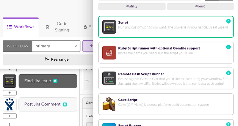 Bitrise workflow editor showing Find Jira Issue step