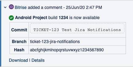 The finished Jira comment result